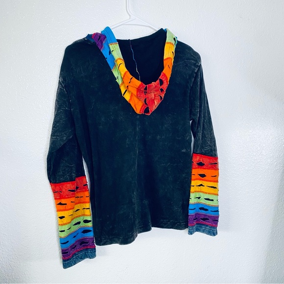 Boho Floral Embroidered Distressed Patchwork Zip Front Hooded Jacket Large - Picture 2 of 7